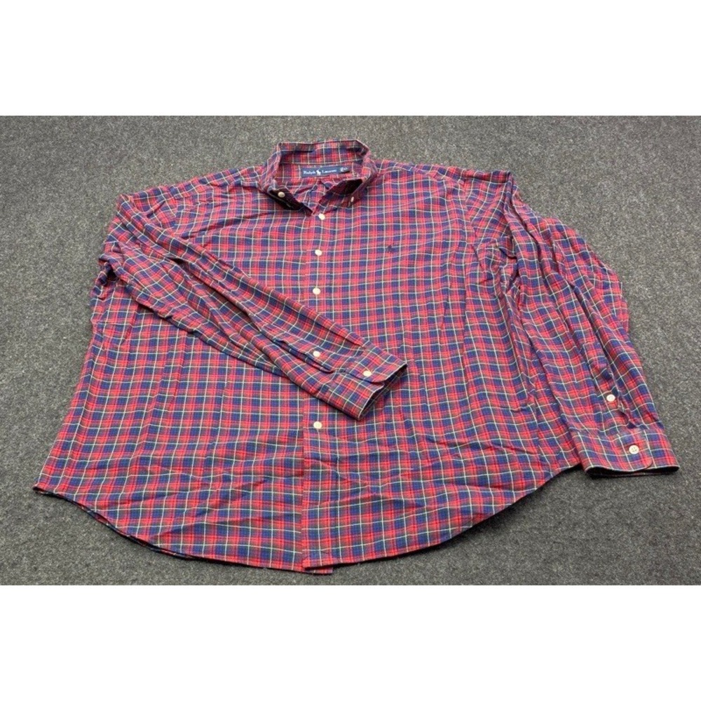 Ralph Lauren Button Down Shirt Men XL Red Blue Plaid Classic Fit Long Sleeve